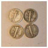 4 Mercury Dimes – 1923, 1927, 1939 & 1943 – 90% Silver Coin Lot. About 0.289 troy oz actual silver weight.