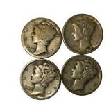 4 Mercury Dimes – 1917, 1941, 1944 & 1944-S – 90% Silver U.S. Coins About 0.2894 troy oz actual silver weight.
