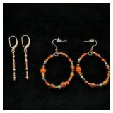 Handmade Jewelry – Local Minnesota Senior Artist – 100% Proceeds Support The Artist! 2 Pair Beaded Dangle Earrings – Orange Turquoise Tone Hoop & Drop Style