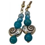 Handmade Jewelry – Local Minnesota Senior Artist – 100% Proceeds Support The Artist! Blue Beaded Dangle Earrings With Silver Tone Shell Accent