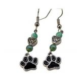 Handmade Jewelry – Local Minnesota Senior Artist – 100% Proceeds Support The Artist! Silver Tone Paw Print Dangle Earrings With Green Beads