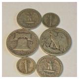 90% Silver U.S. Coin Lot – Walking Liberty Half, Franklin Half, Washington Quarters & Mercury Dimes about 1.215 troy oz actual silver weight.