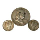90% Silver U.S. Coin Lot – 1952 Franklin Half Dollar & 2 Mercury Dimes about 0.506 troy oz actual silver weight.