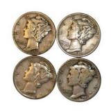 4 Mercury Silver Dimes – 1924, 1929, 1940 & 1941 – 90% Silver Coin Lot. About 0.289 troy oz actual silver weight.