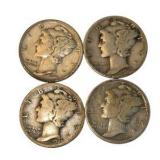 4 Mercury Dimes – 1923, 1927, 1939 & 1943 – 90% Silver Coin Lot. About 0.289 troy oz actual silver weight.