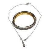 Premier Designs Jewelry Lot - Rhinestone Pendant Necklace & Gold-Tone Bangle Bracelet w/ Boxes