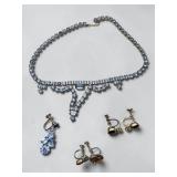 Vintage-Style Rhinestone Necklace & Screw Back Earring Jewelry Lot w/ Lotus Lady Box