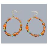 Handmade Jewelry – Local Minnesota Senior Artist – 100% Proceeds Support The Artist! 2 Pair Beaded Dangle Earrings – Orange Turquoise Tone Hoop & Drop Style