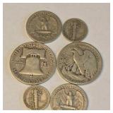 90% Silver U.S. Coin Lot – Walking Liberty Half, Franklin Half, Washington Quarters & Mercury Dimes about 1.215 troy oz actual silver weight.