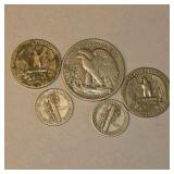90% Silver U.S. Coin Lot – Walking Liberty Half, Washington Quarters & Mercury Dimes about 0.858 troy oz actual silver weight.