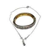 Premier Designs Jewelry Lot - Rhinestone Pendant Necklace & Gold-Tone Bangle Bracelet w/ Boxes