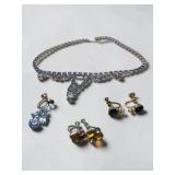 Vintage-Style Rhinestone Necklace & Screw Back Earring Jewelry Lot w/ Lotus Lady Box