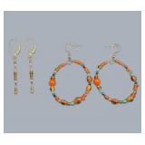 Handmade Jewelry – Local Minnesota Senior Artist – 100% Proceeds Support The Artist! 2 Pair Beaded Dangle Earrings – Orange Turquoise Tone Hoop & Drop Style