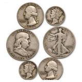 90% Silver U.S. Coin Lot – Walking Liberty Half, Franklin Half, Washington Quarters & Mercury Dimes about 1.215 troy oz actual silver weight.