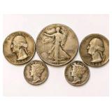 90% Silver U.S. Coin Lot – Walking Liberty Half, Washington Quarters & Mercury Dimes about 0.858 troy oz actual silver weight.