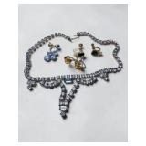 Vintage-Style Rhinestone Necklace & Screw Back Earring Jewelry Lot w/ Lotus Lady Box
