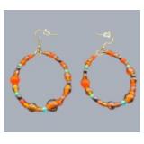 Handmade Jewelry – Local Minnesota Senior Artist – 100% Proceeds Support The Artist! 2 Pair Beaded Dangle Earrings – Orange Turquoise Tone Hoop & Drop Style