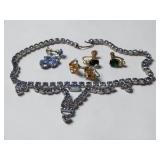 Vintage-Style Rhinestone Necklace & Screw Back Earring Jewelry Lot w/ Lotus Lady Box