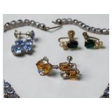 Vintage-Style Rhinestone Necklace & Screw Back Earring Jewelry Lot w/ Lotus Lady Box