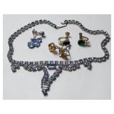 Vintage-Style Rhinestone Necklace & Screw Back Earring Jewelry Lot w/ Lotus Lady Box