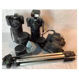 Minolta Cameras and Lens Lot with Tripod - Maxxum7000i, Maxxum 7000 with Flash, 50 mm lens with case, 35-200mm lens, 28-135mm lens with case,100-300m lens with case, Argus Pre-Viewer, Vivitar Tripod w