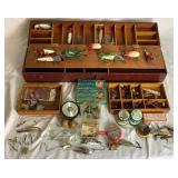 Vintage Wooden Tackle Box with Collection of Vintage Wooden Lures, Spoons and Flies, Cork Bobbers,  Fly Reel, and Sinkers