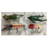 Vintage Wooden Tackle Box with Collection of Vintage Wooden Lures, Spoons and Flies, Cork Bobbers,  Fly Reel, and Sinkers
