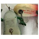 Vintage Wooden Tackle Box with Collection of Vintage Wooden Lures, Spoons and Flies, Cork Bobbers,  Fly Reel, and Sinkers