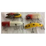 Vintage Wooden Tackle Box with Collection of Vintage Wooden Lures, Spoons and Flies, Cork Bobbers,  Fly Reel, and Sinkers