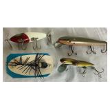 Vintage Wooden Tackle Box with Collection of Vintage Wooden Lures, Spoons and Flies, Cork Bobbers,  Fly Reel, and Sinkers