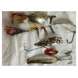 Vintage Wooden Tackle Box with Collection of Vintage Wooden Lures, Spoons and Flies, Cork Bobbers,  Fly Reel, and Sinkers