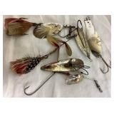 Vintage Wooden Tackle Box with Collection of Vintage Wooden Lures, Spoons and Flies, Cork Bobbers,  Fly Reel, and Sinkers