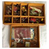 Vintage Wooden Tackle Box with Collection of Vintage Wooden Lures, Spoons and Flies, Cork Bobbers,  Fly Reel, and Sinkers