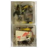 Vintage Wooden Tackle Box with Collection of Vintage Wooden Lures, Spoons and Flies, Cork Bobbers,  Fly Reel, and Sinkers