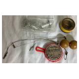 Vintage Wooden Tackle Box with Collection of Vintage Wooden Lures, Spoons and Flies, Cork Bobbers,  Fly Reel, and Sinkers