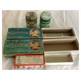 Vintage Wooden Tackle Box with Collection of Vintage Wooden Lures, Spoons and Flies, Cork Bobbers,  Fly Reel, and Sinkers