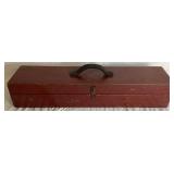 Vintage Wooden Tackle Box with Collection of Vintage Wooden Lures, Spoons and Flies, Cork Bobbers,  Fly Reel, and Sinkers