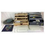 Fishing Collection - Plano Tackle Box with Rapala Lures, Spoons, 30+ Crappie Jigs, Assorted Hooks, 2 Plano StowAways, Sinkers, Vintage Mess Fish Keeper, and Other Treasures