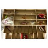 Fishing Collection - Plano Tackle Box with Rapala Lures, Spoons, 30+ Crappie Jigs, Assorted Hooks, 2 Plano StowAways, Sinkers, Vintage Mess Fish Keeper, and Other Treasures