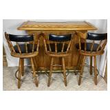 Solid Oak Bar and 3 Swivel Bar Stools - Bar 53.25"W x 19"D x 41"H Bar Stool:17"W x 19"D x 40"H - 27" Seat Height  - Note: Small tear in one bar stool, and patch on another bar stool
