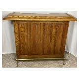 Solid Oak Bar and 3 Swivel Bar Stools - Bar 53.25"W x 19"D x 41"H Bar Stool:17"W x 19"D x 40"H - 27" Seat Height  - Note: Small tear in one bar stool, and patch on another bar stool