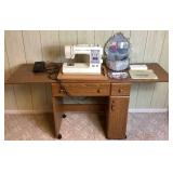 Sears Kenmore Sewing Machine in Wooden Table- Model 385.18836 -Plus Accessory Kit Model 213702016 and Sewing Basket (Table 31.75"W x 19.75"D x 30.5"H) - Width Extended is 63.25"W