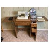 Sears Kenmore Sewing Machine in Wooden Table- Model 385.18836 -Plus Accessory Kit Model 213702016 and Sewing Basket (Table 31.75"W x 19.75"D x 30.5"H) - Width Extended is 63.25"W