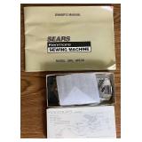 Sears Kenmore Sewing Machine in Wooden Table- Model 385.18836 -Plus Accessory Kit Model 213702016 and Sewing Basket (Table 31.75"W x 19.75"D x 30.5"H) - Width Extended is 63.25"W