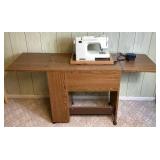 Sears Kenmore Sewing Machine in Wooden Table- Model 385.18836 -Plus Accessory Kit Model 213702016 and Sewing Basket (Table 31.75"W x 19.75"D x 30.5"H) - Width Extended is 63.25"W