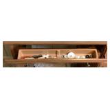 Sears Kenmore Sewing Machine in Wooden Table- Model 385.18836 -Plus Accessory Kit Model 213702016 and Sewing Basket (Table 31.75"W x 19.75"D x 30.5"H) - Width Extended is 63.25"W