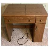 Sears Kenmore Sewing Machine in Wooden Table- Model 385.18836 -Plus Accessory Kit Model 213702016 and Sewing Basket (Table 31.75"W x 19.75"D x 30.5"H) - Width Extended is 63.25"W