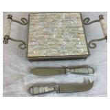 Mother of Pearl Trivet Serving Tray with Matching Cheese and Spread Knives- Tray: 12"W x 7.5"D, Knives: 7" L