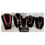 Collection of Pink and Rose Gold Tone Necklaces, Bracelets and Earrings