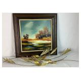 Brass Wheat Stalks with Copper Ribbon and Vintage Impressionist Oil Painting of Fall River Landscape